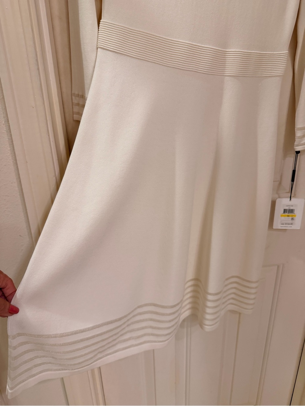 Calvin Klein Ivory Long-Sleeve Knit Fit & Flare Dress with Sheer details, Sz M - Picture 8 of 16